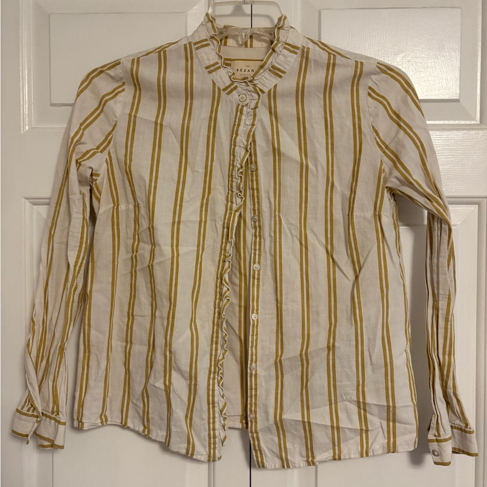 Sezane White and Gold Striped Button Down Shirt